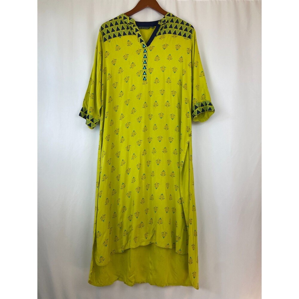 Avaasa Womens XL Indian Yellow Floral Print Tunic Ethnic Dress Artsy Boho STAINS